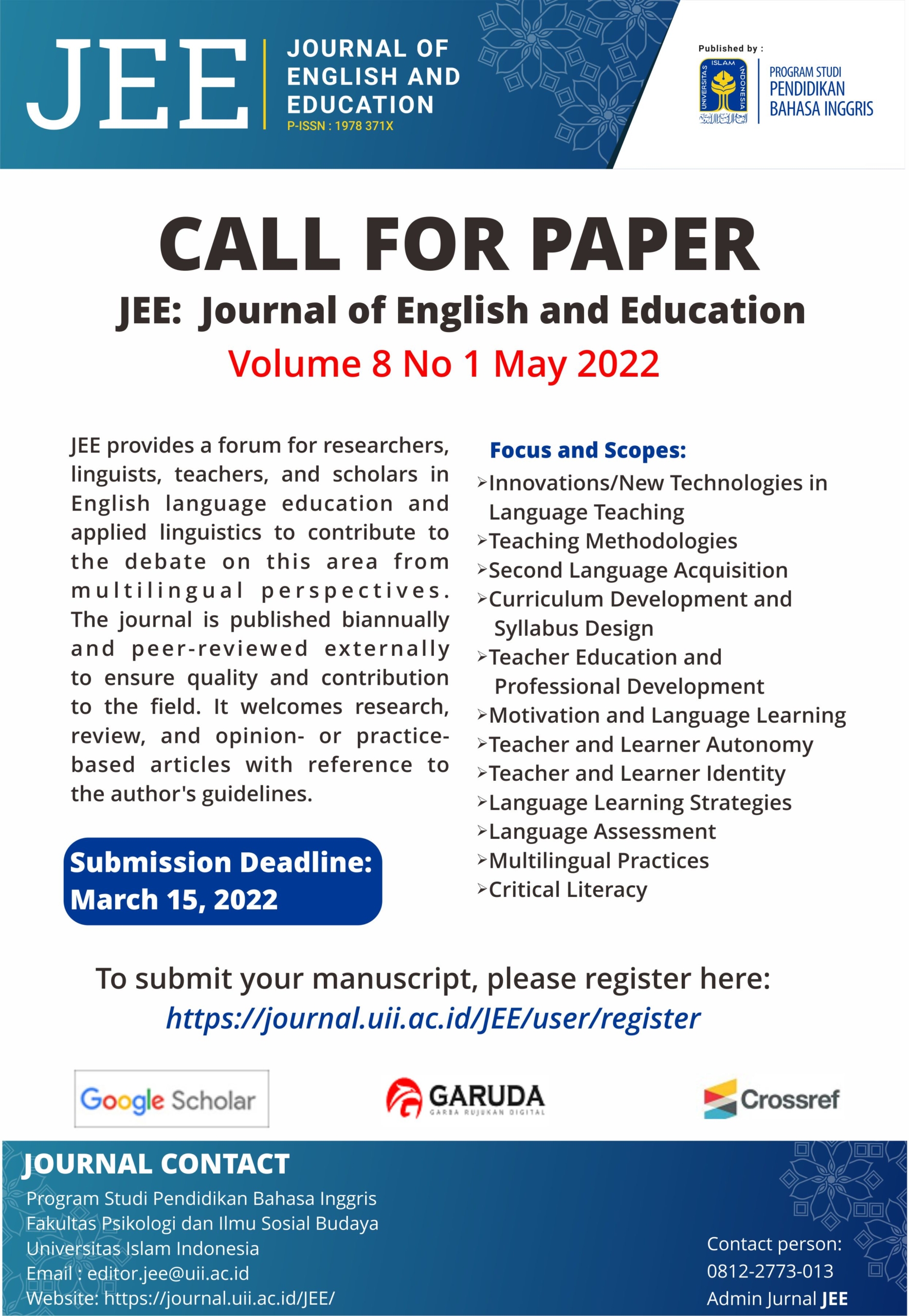 CALL FOR PAPER JEE Journal of English and Education Pendidikan